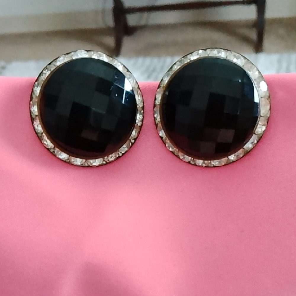 Vintage Jet Black Crystal Stud Earrings Clip